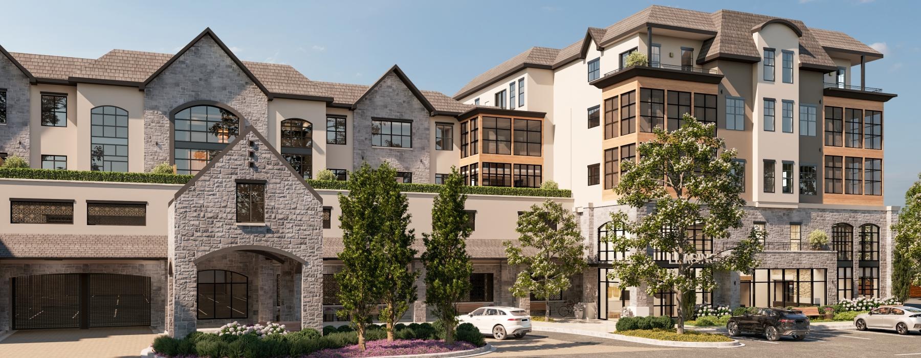 The exterior of The Fieldston of Fairway senior living community in Overland Park, KS, featuring a stone masonry facade.