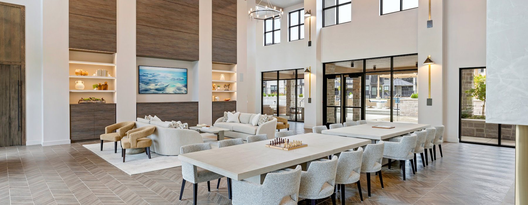 a large lounge area with a large table