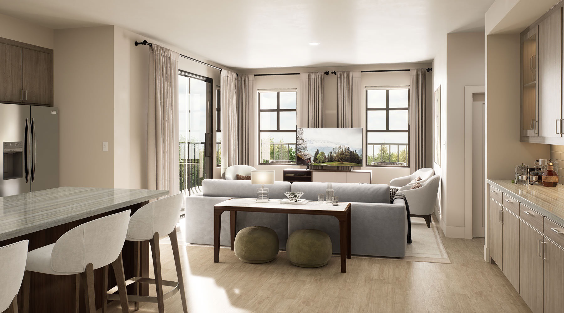 Elevating Living to New Heights open concept living room surrounded by large windows