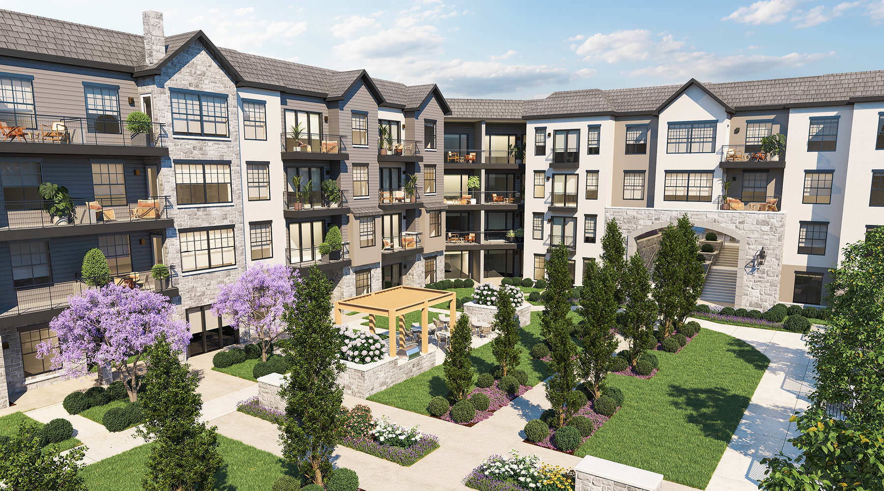 Elevating Living to New Heights courtyard with pergola covered grilling area